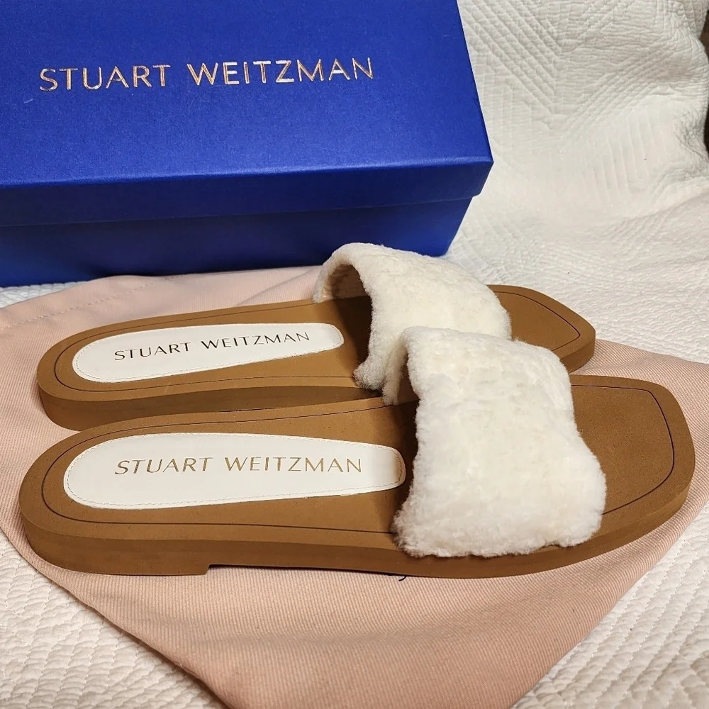 NWT Stuart Weizmann Cammy Shearling White Slides Sandals Size EU 38.5